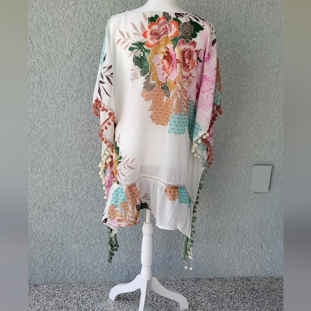 Z&L Made With Love Floral Boho Tunic Top XL | Sheer Cotton Kaftan Blouse Tassel - Picture 7 of 9